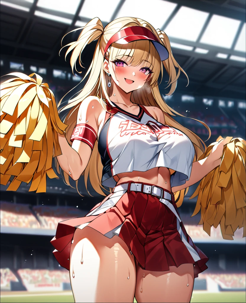 score_9、score_8_up、score_7_up、score_6_up、score_5_up、score_4_up、solo、1 girl、source_anime、cell shading、cute、masterpiece、highest quality、Nickel Clay、Pink Eyes、Blonde Hair、2 side up、Long Hair、Visor Cap、Barrette、Earrings、Cheerleader、Crop top、No sleeve、Armband、Underboob、belly button、abdomen、White belt、Side Tie Pants、Pleated skirt、Red Skirt、Huge breasts、Huge Ass、Thick thighs、Wide Hips、Very sweaty、Huge thighs、Stadium、Naughty face、blush、Heavy breathing、Sweaty、vapor、Detailed Background、Outdoor、sunshine、Atmospheric Perspective、Depth of written boundary、Blurred Background