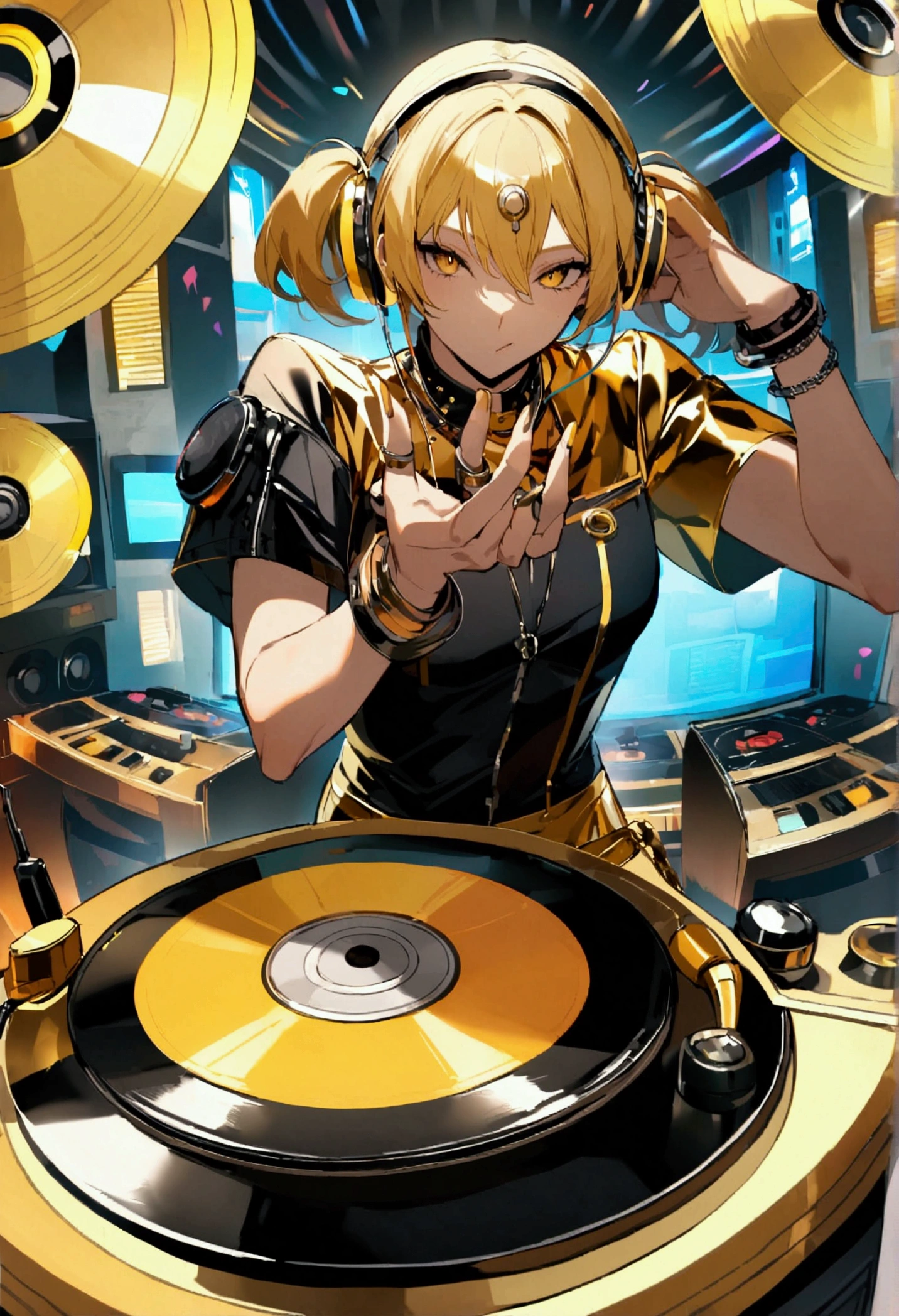 a disc jockey with golden vinyl record in his hands