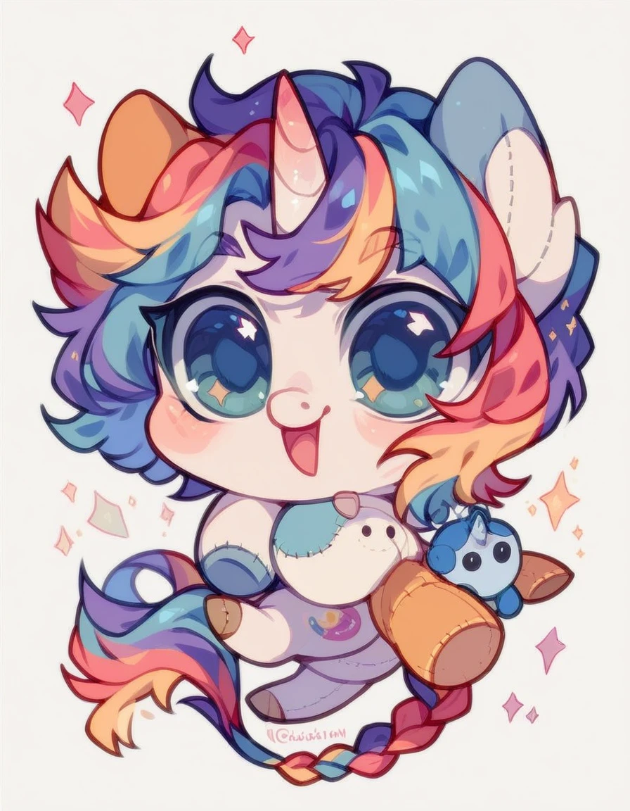 (((unicorn plushie))), white background, full body, very cute, dynamic pose, tail, horn, multicolor, (((chibi:1.2)))