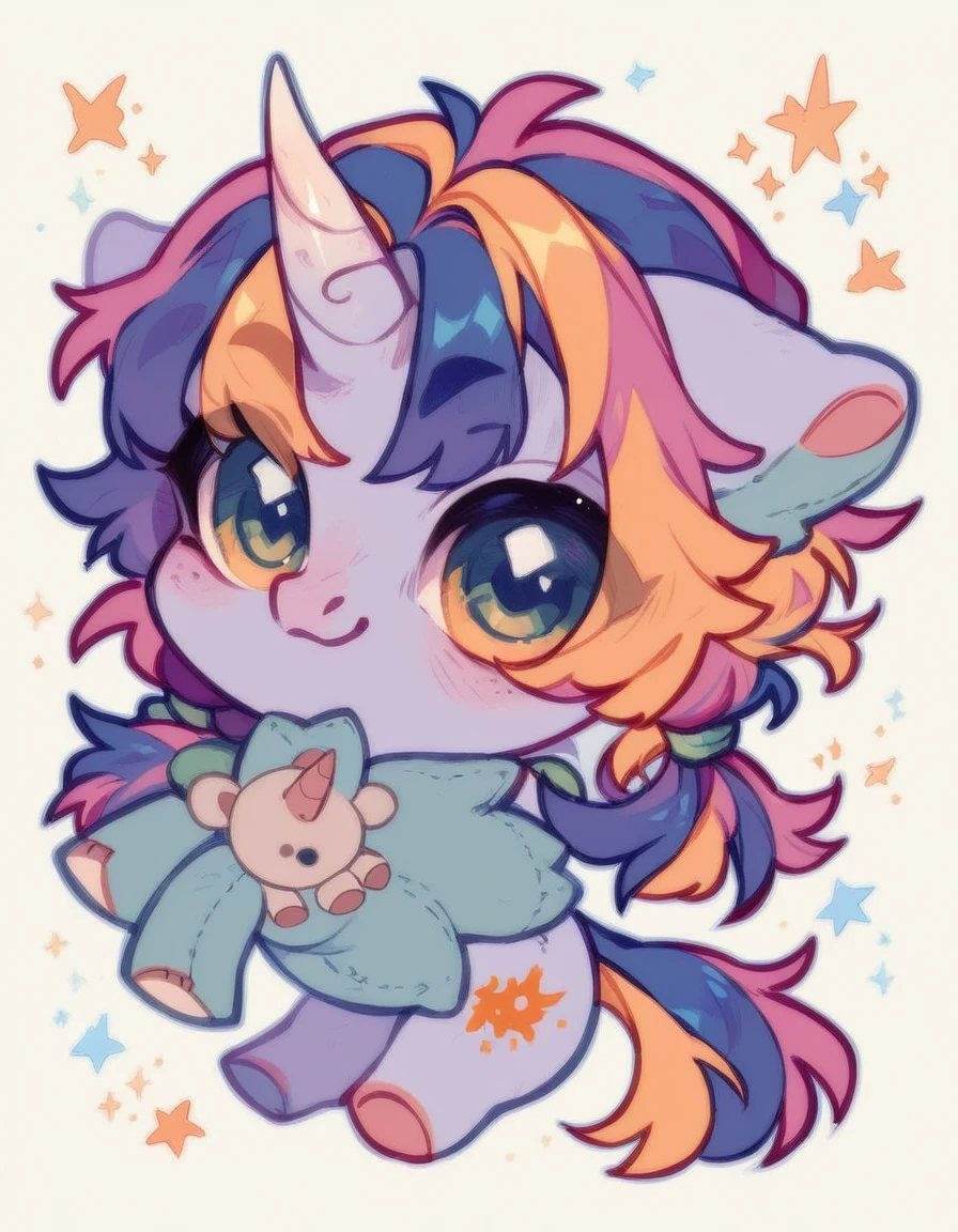 (((unicorn plushie))), white background, full body, very cute, dynamic pose, tail, horn, multicolor, (((chibi:1.2)))