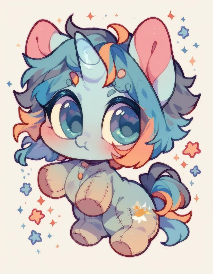 (((unicorn plushie))), white background, full body, very cute, dynamic pose, tail, horn, multicolor, (((chibi:1.2)))