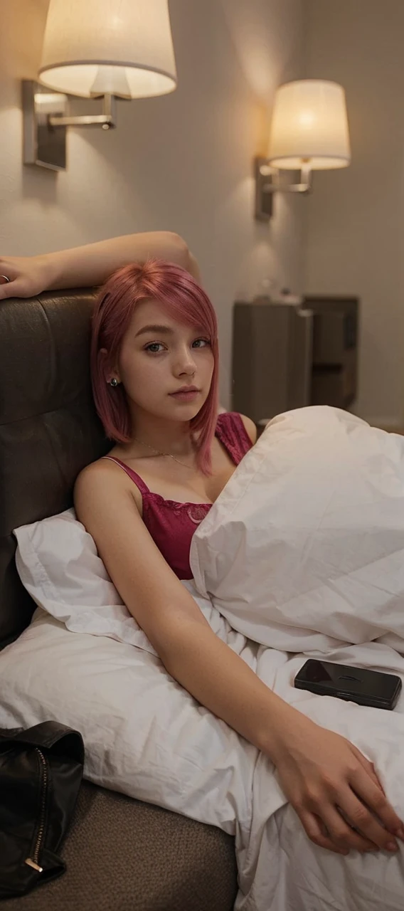 girl, 21 years old, short shoulder-length hair, pink hair color,