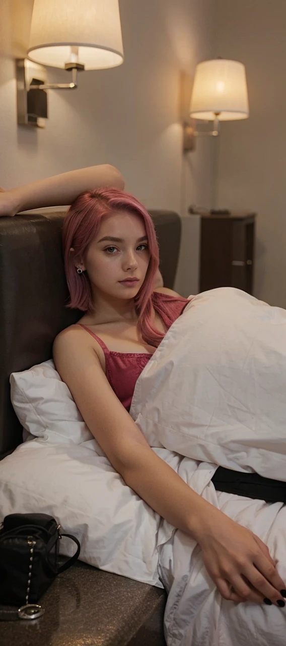 girl, 21 years old, short shoulder-length hair, pink hair color, 