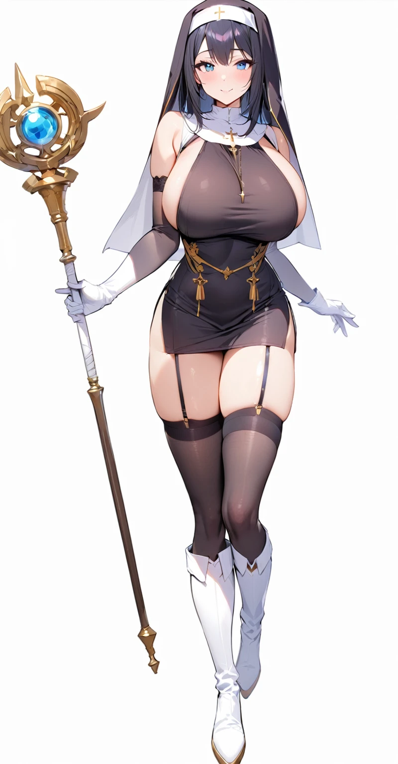 masterpiece, best quality, 1girl, solo, breasts, thighhighs, blue-eyes, staff, (huge-breasts), gloves, boots, black-hair, nun, habit, elbow-gloves, sideboob, garter-straps, purple-thighhighs, skirt, smile, curvy, thighs, full-body, simple-background, miniskirt, looking-at-viewer, cleavage, black-dress