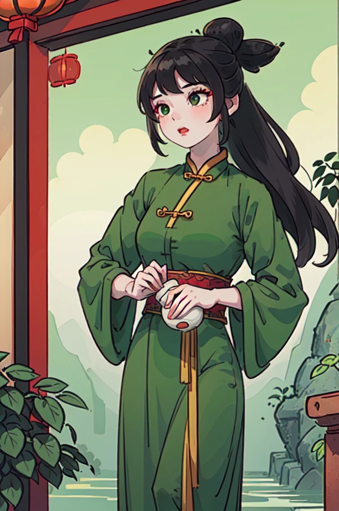 ( Best Quality, ancient china, A girl, opaque green chinese long dress), long hair tied in two tomatoes, black hair, green eyes
