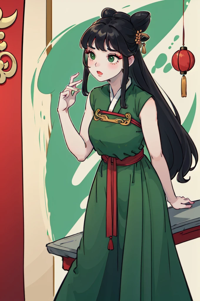 ( Best Quality, ancient china, A girl, opaque green chinese long dress), long hair tied in two tomatoes, black hair, green eyes