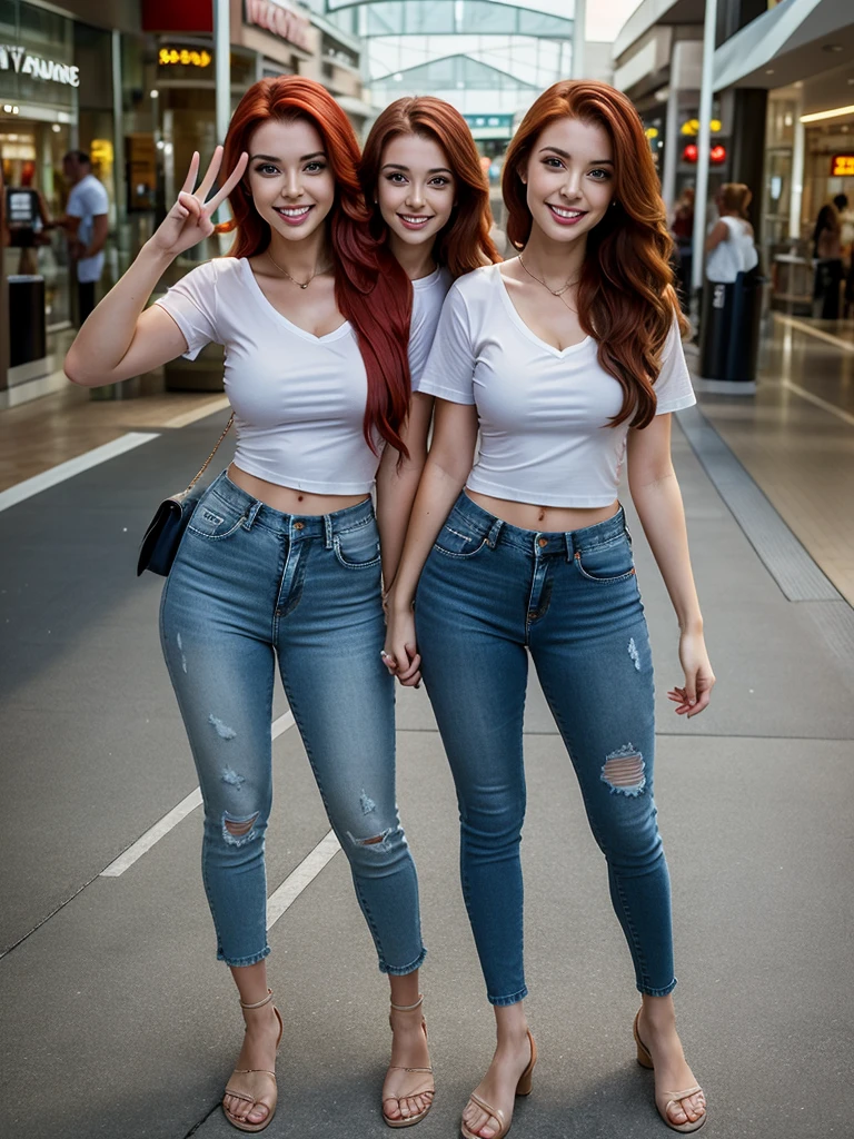 (conjoined_dicephalus), (2heads), 23-year-old white girl with two heads, extremely long red hair, blue eyes, two bodies, two legs, wearing a white v-neck t-shirt and jeans, standing in a mall parking lot, smiling, peace signs