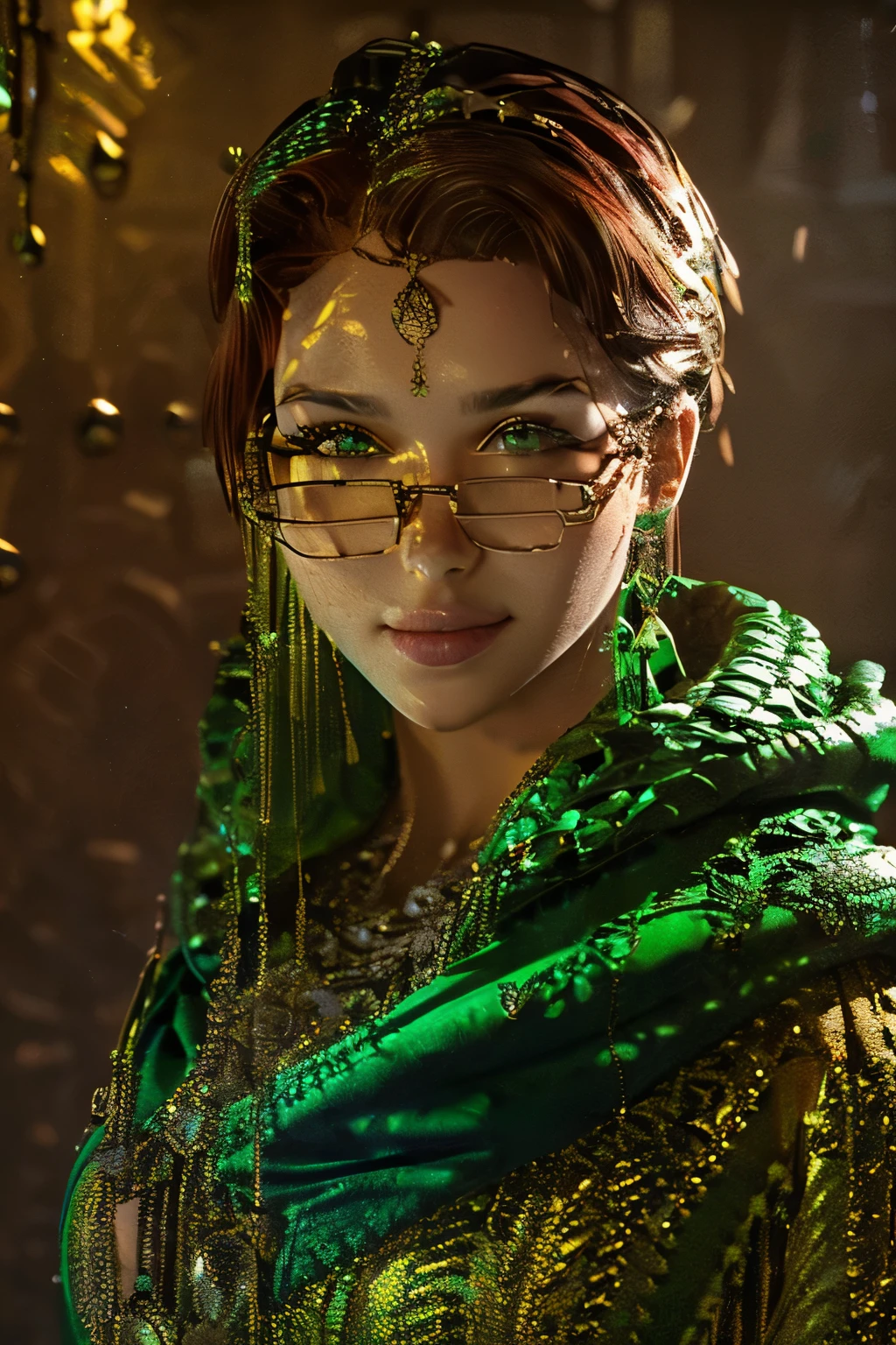 Short, Red hair, green eyes, green hood on head, green cloak, smile, girl 15 years old, assassin, metal frame glasses. ((elegance. gradient. photorealism. Unreal engine. 3D model. Ultra high quality textures. high detail. permission 8k))