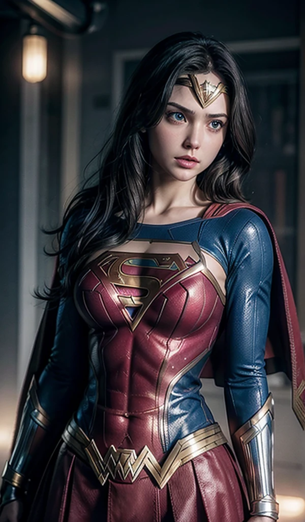 The character Wonder Woman and the character Supergirl flying in the sky, perfect anatomy, beautiful blue eyes