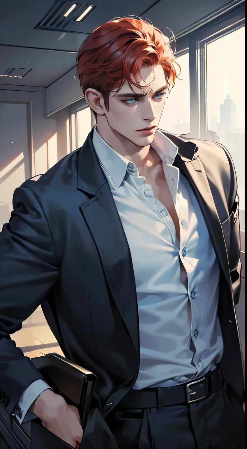 (best quality, masterpiece, 8K, photorealistic, cinematic lighting, 1:4 hdr image, ultra detailed, beautiful image), a mature man, 34 years very handsome, ((cold expression)), short red hair, blue eyes, face perfect without mistakes, ((buttoning his jacket, CEO))