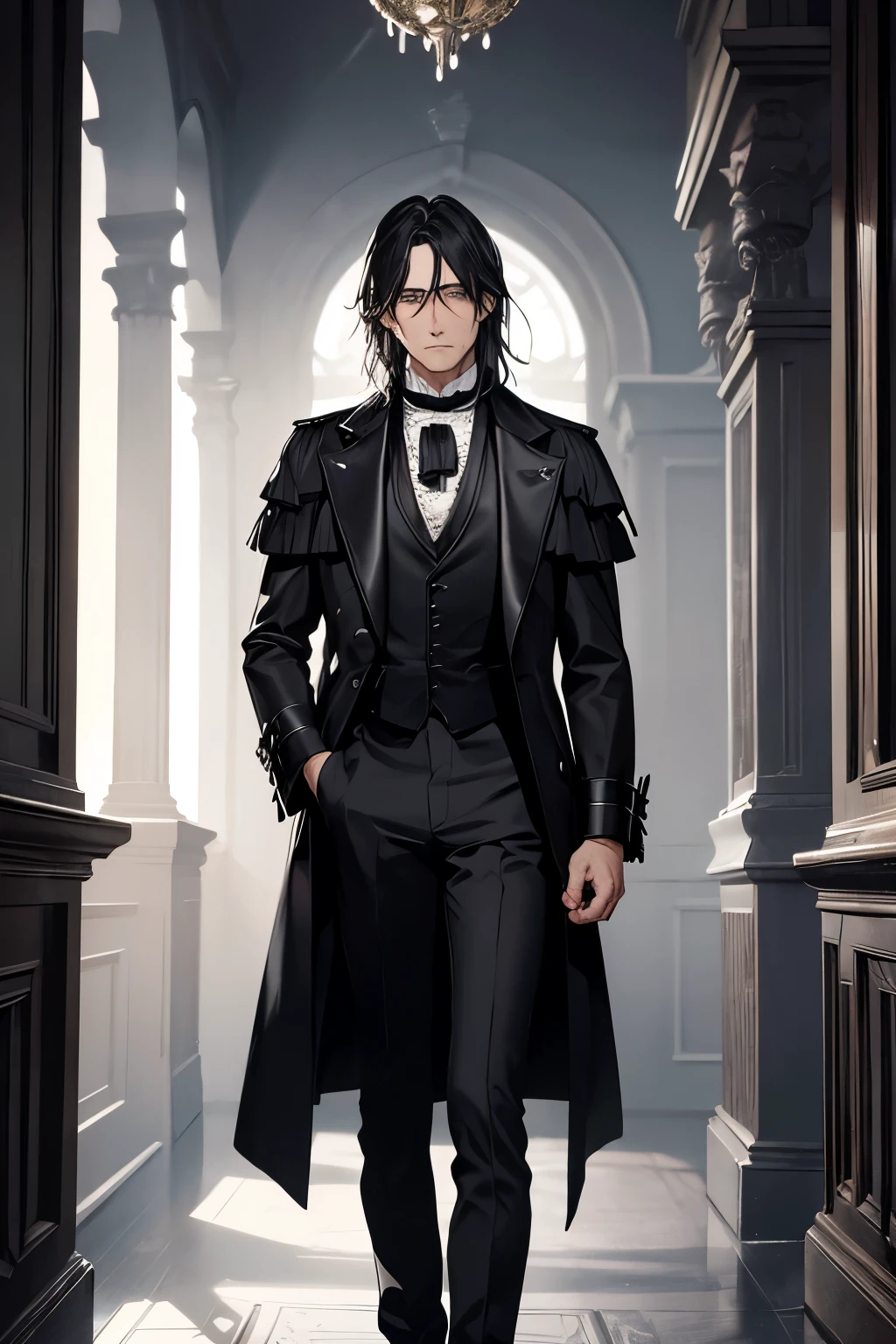 A melancholy man from the Victorian era with dark, shoulder-length hair and silver-gray eyes. He is wearing an elaborate black coat, a high-collared white shirt, and dark trousers with high leather boots. He stands in a dimly lit, old mansion filled with a sense of forgotten stories."