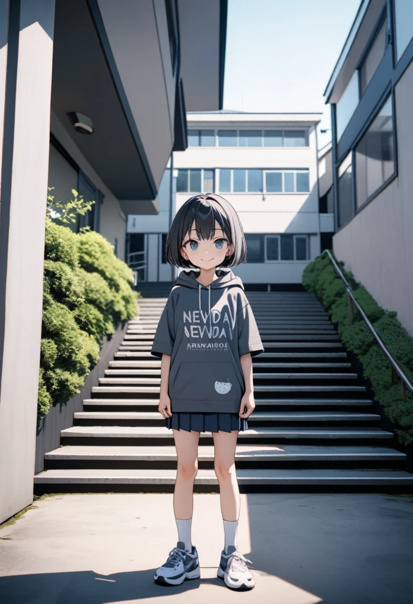(8K, best quality, master piece: 1.2),Ultra High Resolution, old beautiful girl,ultra-detailed face, detailed eyes,Tsurime Eyes,(smirk),dark gray short sleeve Hip Length hoodie(dark gray:1.4), (Written on hoodie text:"NEVADA":1.5),navy pleated skirt,white socks,sneakers,full body,black hair,short hair,(holding a Cutter knife)、(standing straight on the stairs of the apartment complex),solo,Japan Park