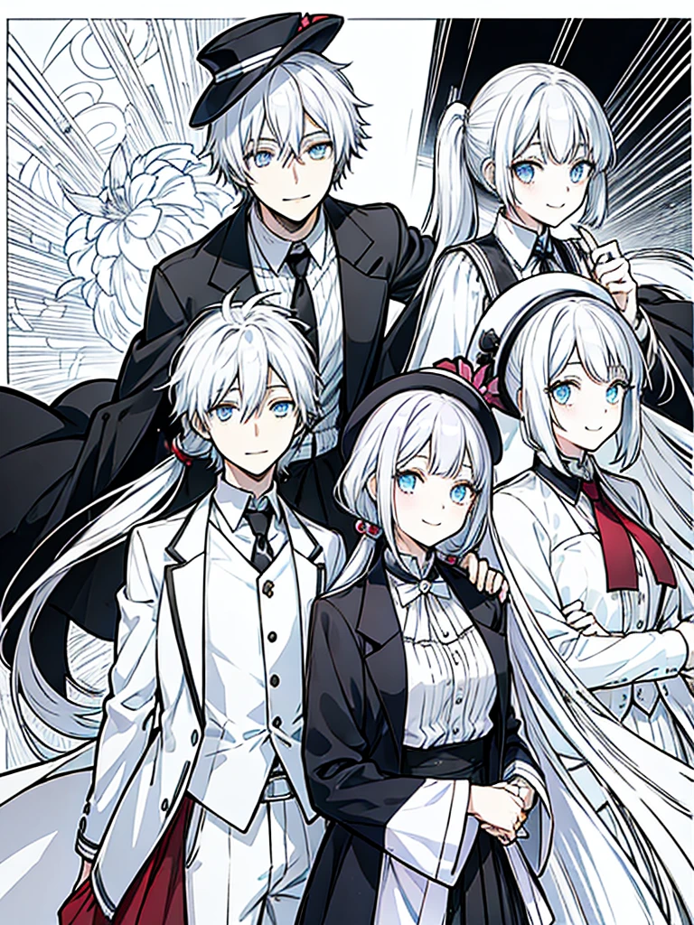 （masutepiece）（high-detail）Men and women in their 20s（white  hair、poneyTail、tailcoat、neck tie、Hats、Smile）