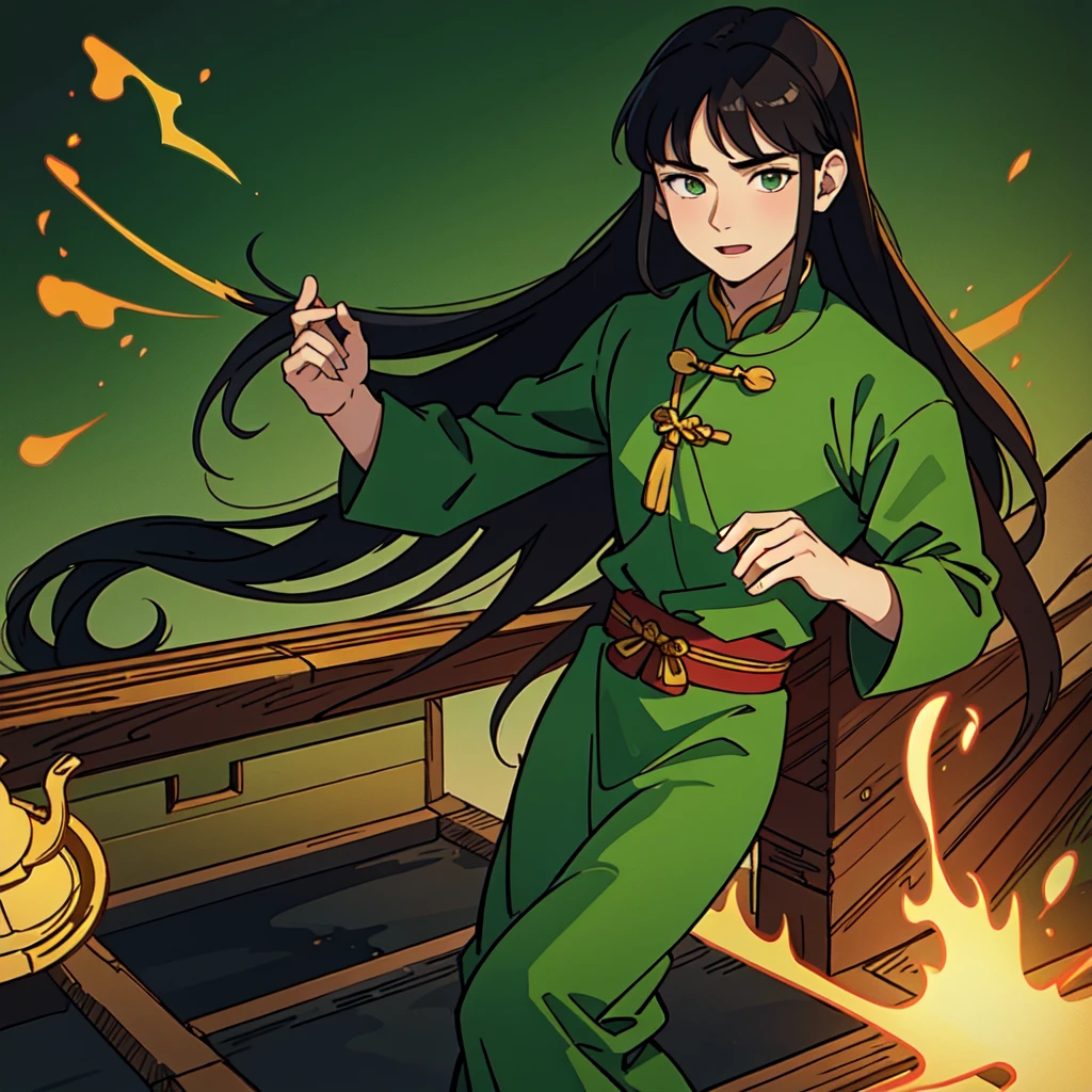 ( Best Quality, ancient china, A boy, opaque green chinese long dress), long hair , black hair, green eyes
