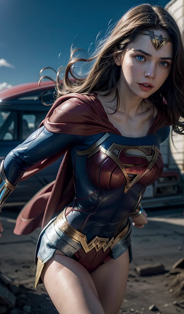 The character Wonder Woman and the character Supergirl flying togheter in the sky, perfect anatomy, beautiful blue eyes