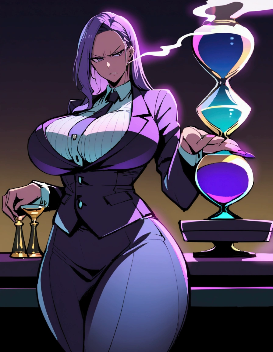 A bartender with long purple hair, with a curvy and voluptuous figure with an hourglass figure, smoking, with a serious face and tall body