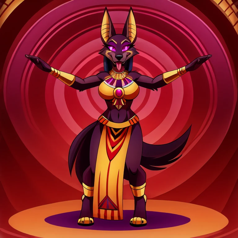 (masterpiece, best quality:1.2), Vortex female anubian jackal hellhound, wolf, furry, helluva boss, hypnotized with glowing purple eyes, tongue out, egyptian clothes, yellow_tabard, tribal clothes, dancing ridiculously