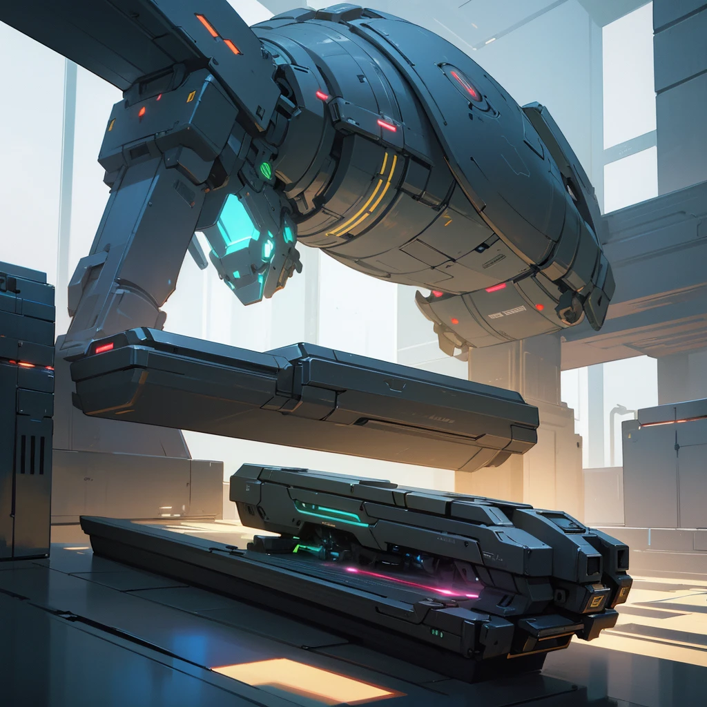a futuristic closed book on a futuristic construction table, high detail, 8k, photorealistic, cinematic lighting, dramatic shadows, metallic textures, neon colors, glow effects, advanced technology, industrial design, clean modern architecture, complex machinery, intricate details, cutting-edge technology