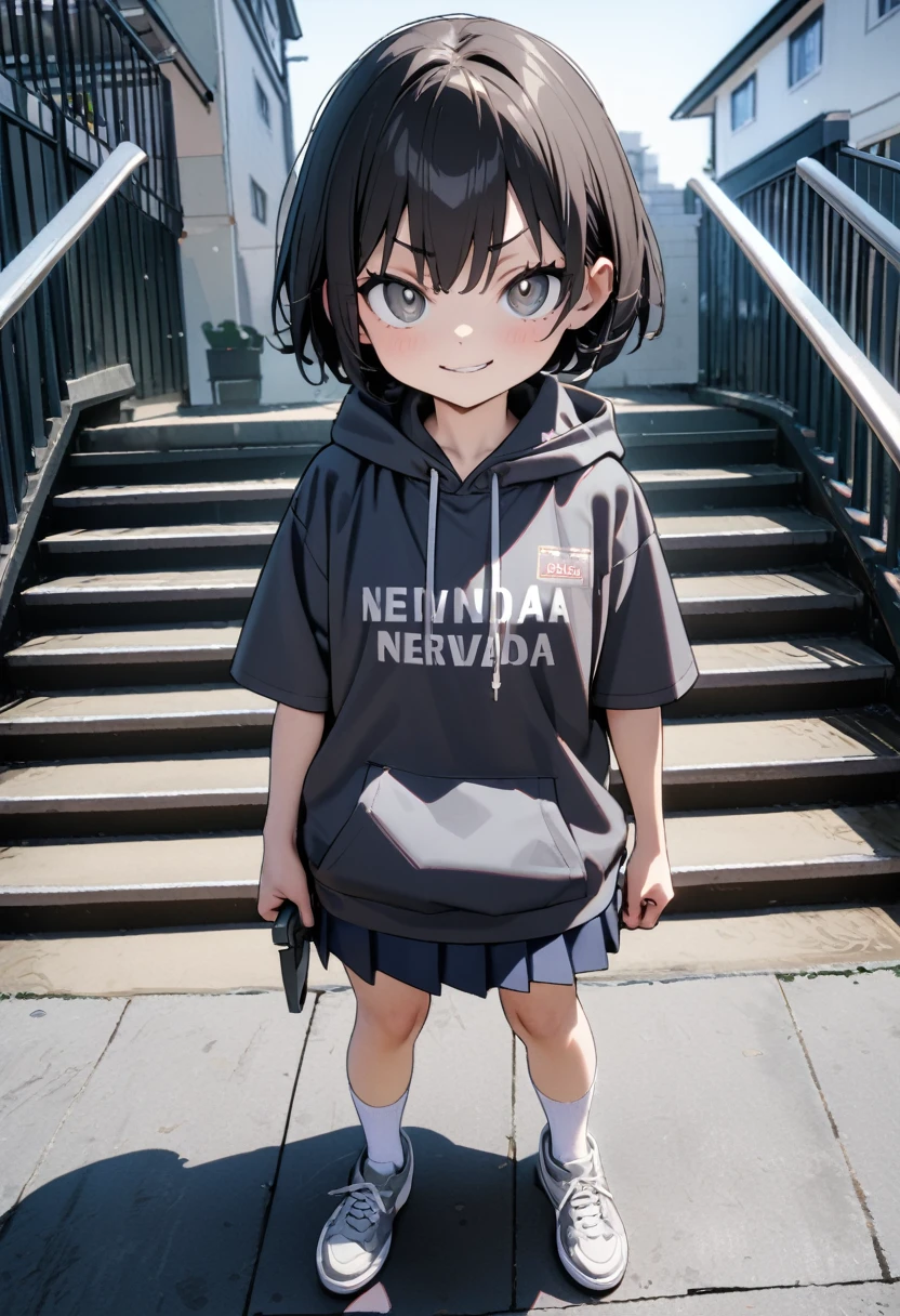 (8K, best quality, master piece: 1.2),Ultra High Resolution,11 year old beautiful girl,ultra-detailed face, detailed eyes,Tsurime Eyes,(smirk),dark gray short sleeve Hip Length hoodie(dark gray:1.4), (Written on hoodie text:"NEVADA":1.5),navy pleated skirt,white socks,sneakers,full body,black hair,short hair,(holding a Cutter knife)、(standing straight on the stairs of the apartment complex),solo,Japan Park