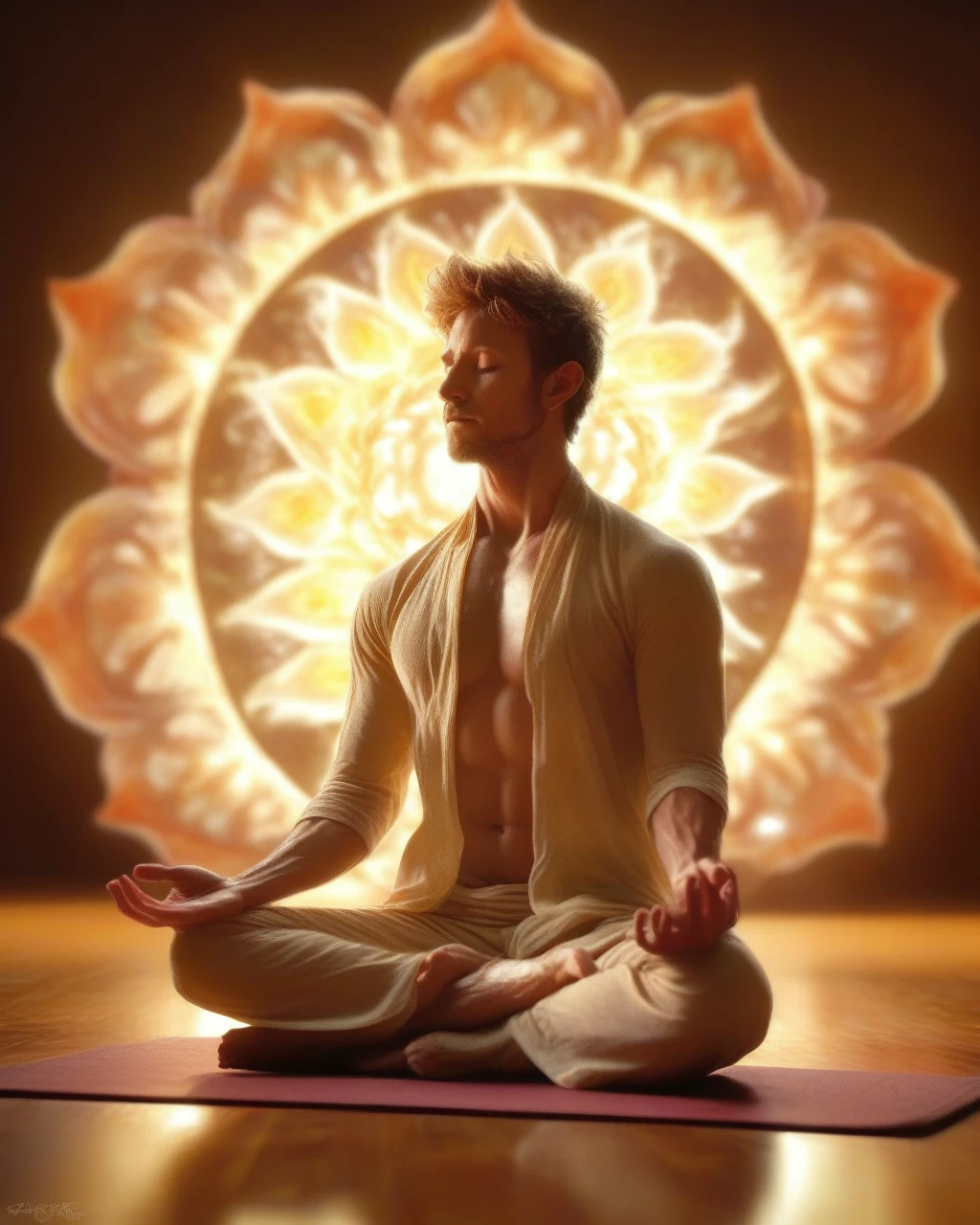male fire elemental,
full body visible, front view photo,
totally incandescent body,
(eyes open:1.2), greeneyes, sorriso ingenuo, face all iridescent.
Short brown hair, short beard, hairy chest, sitting in a yoga pose, sukhasana, brooding pose, meditation pose, padmasana, lotus pose, meditative sacral pose, yoga meditation pose, stoic pose, brooding, sitting cross-legged, sitting dynamic pose, brooding in lotus position, relaxed posture, sitting pose.