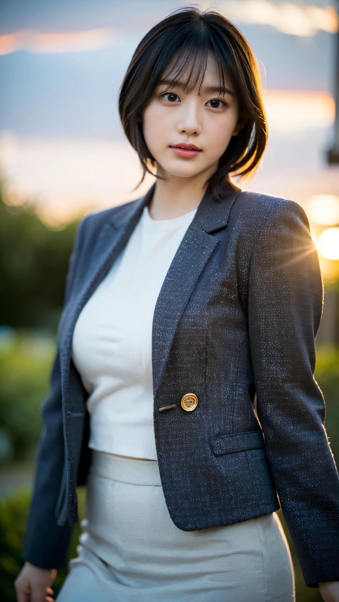 RAW photo, 1 girl, incredibly absurd, 30 years old, beautiful girl, (cute), (short hair), photo shoot, realistic, Depth of the bounds written, High resolution, Super detailed, delicate, very detailed, highly detailed eyes and face, sharp pupils, Realistic Office Lady, sharp focus, LED lighting, Eye and face details, (velvet blazer), mini skirt, cowboy shot full body, (wind lift:1.6), cameltoe, stare, (Big breasts that are about to burst), Close-up, perfect body, shot from below, sunset