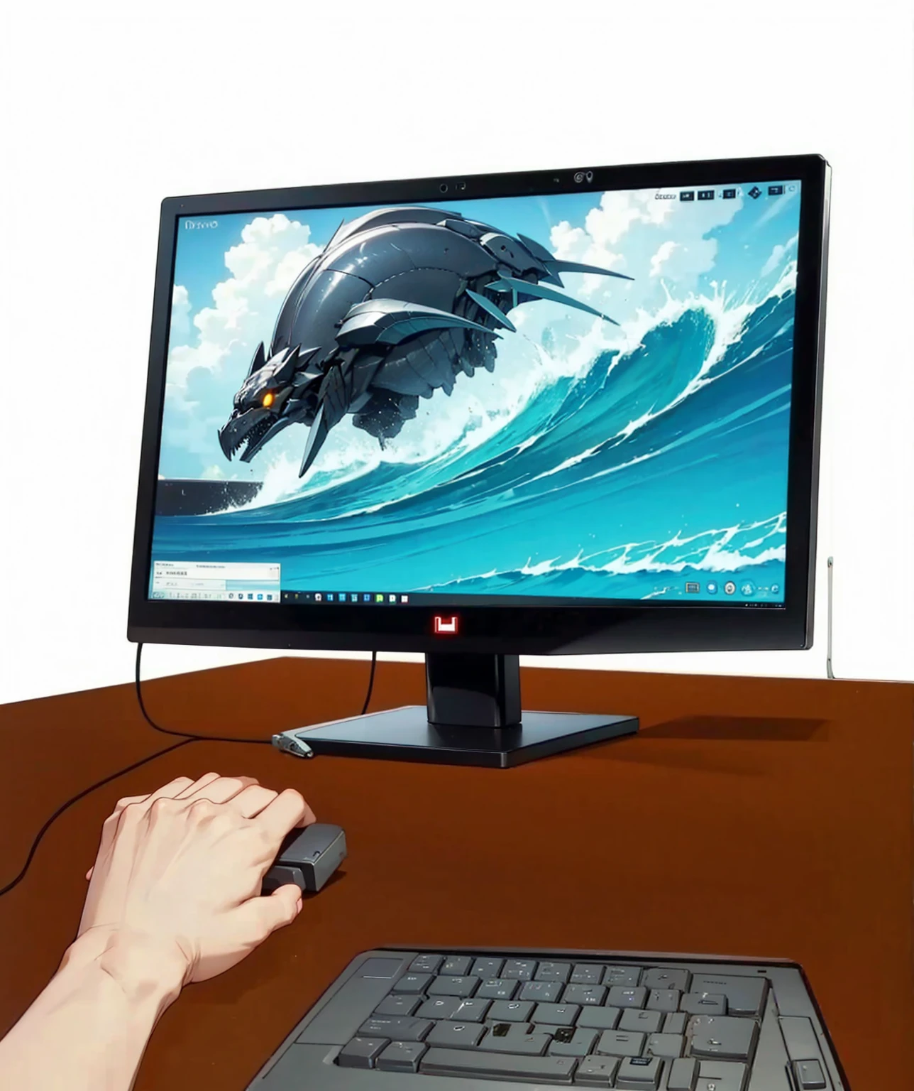a black computer monitor A KEYBOARD A MAN'S HAND HOLDING A MOUSE
