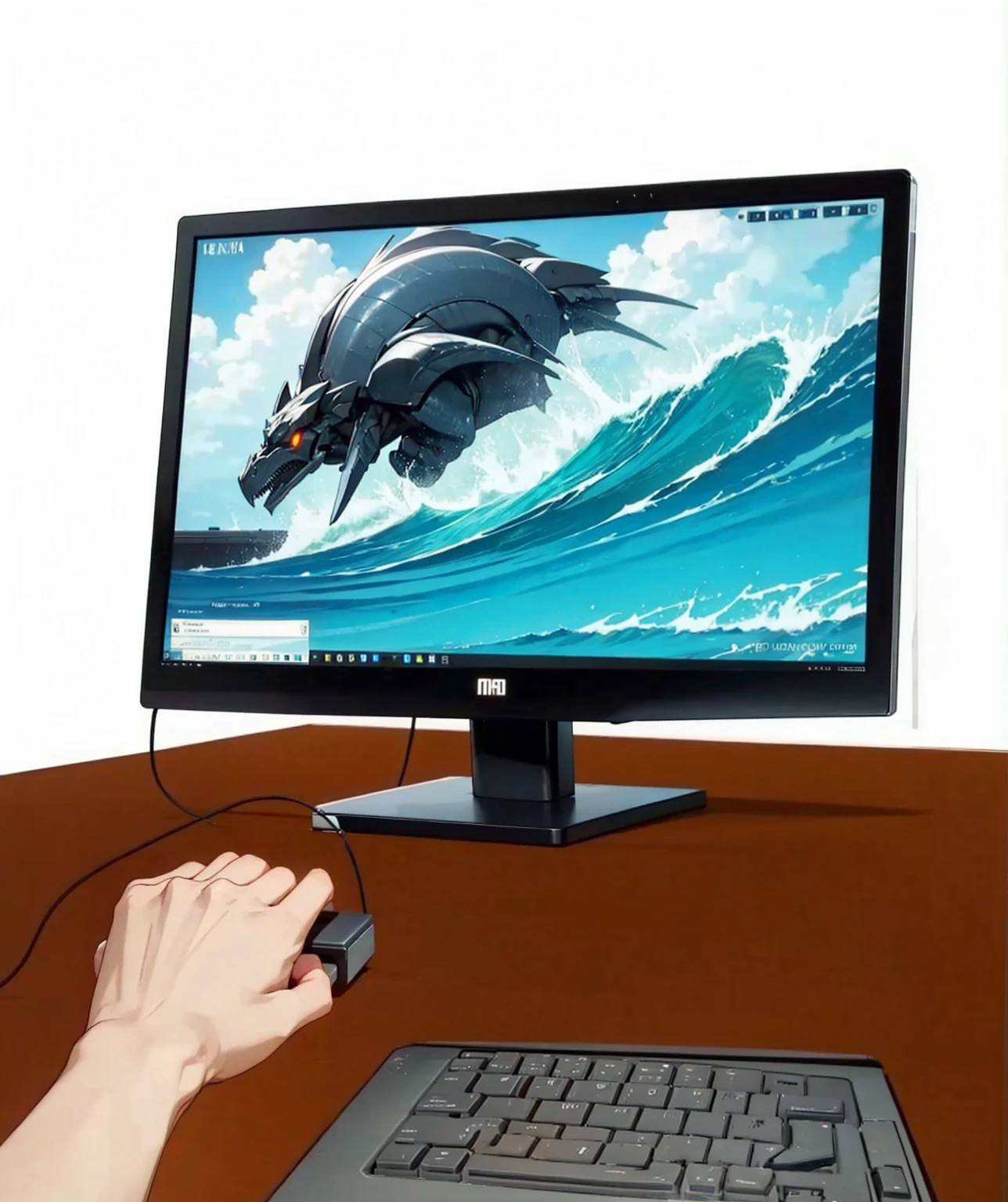 a black computer monitor A KEYBOARD A MAN'S HAND HOLDING A MOUSE