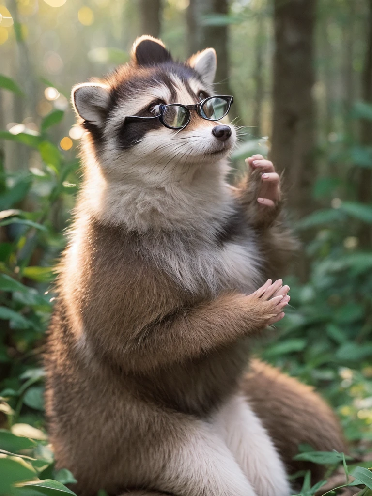 (Sumilux f1.4 75mm , low Latitude old color negative film , cross process , bokeh, flare, chromatic aberration , soft focus, (Shallow focus) , soft glow , Maximum aperture, High Key , Transparent depiction) , realistic female raccoon dog , butter face , two apart melons , Thick-rimmed glasses , in the foggy forest , clothed erotica , Kneeling and looking up to the sky , looking away , hands up