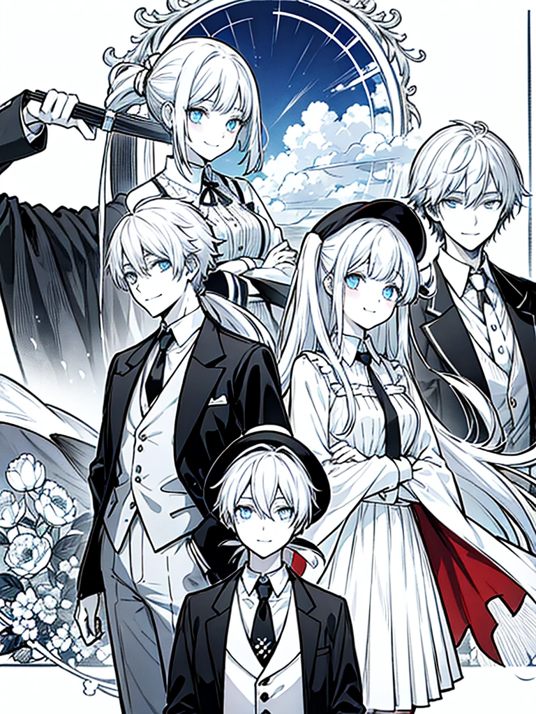 (masutepiece)(high-detail)Men and women in their 20s(white hair、poneyTail、tailcoat、neck tie、Hats、Smile)