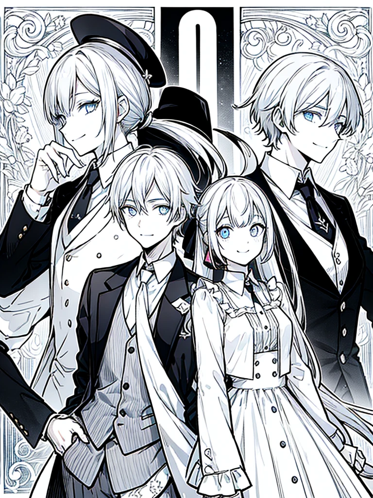 (masutepiece)(high-detail)Men and women in their 20s(white hair、poneyTail、tailcoat、neck tie、Hats、Smile)