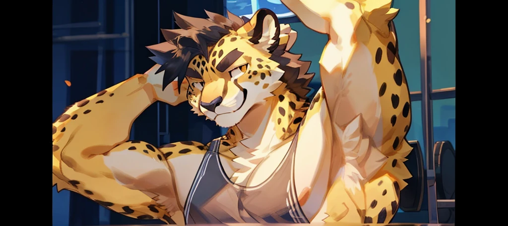By bigcozyorca, by bebebebebe, by buta99, furry, young, ager, big, strong and attractive, males, provocative poses, (hair, snout), cheetah, ((muscular, tall)) black tank top, smirking, yellow fur, yellow body, atlethic,  stretchinh arms, flexing strong armpits, showing off big armpits, arrogant smile, strong armpits, gym background.