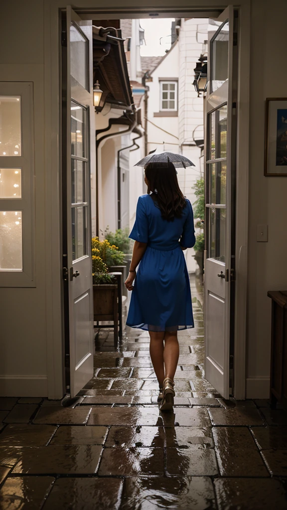 night Light from the window Scene of family gathering Woman walking and peeking A cobblestone road in light rain alley cheap fabric dresses Looking through the window of the house