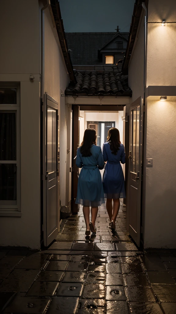 night Light from the window Scene of family gathering Woman walking and peeking A cobblestone road in light rain alley cheap fabric dresses Looking through the window of the house