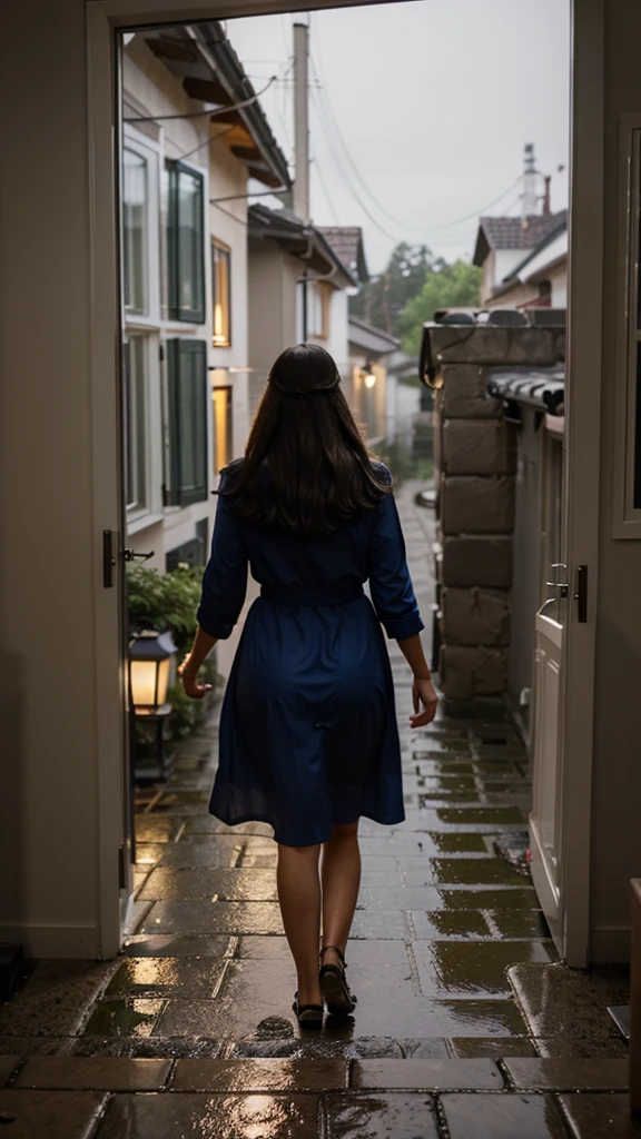 night Light from the window Scene of family gathering Woman walking and peeking A cobblestone road in light rain alley cheap fabric dresses Looking through the window of the house