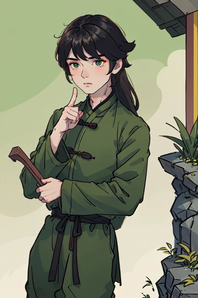 ( Best Quality, ancient china, A boy, matte green wide chino tunic), long hair , black hair, green eyes
