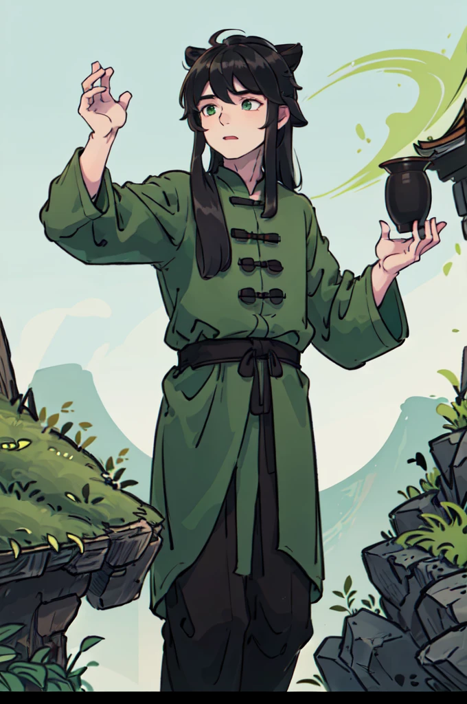 ( Best Quality, ancient china, A boy, matte green wide chino tunic), long hair , black hair, green eyes
