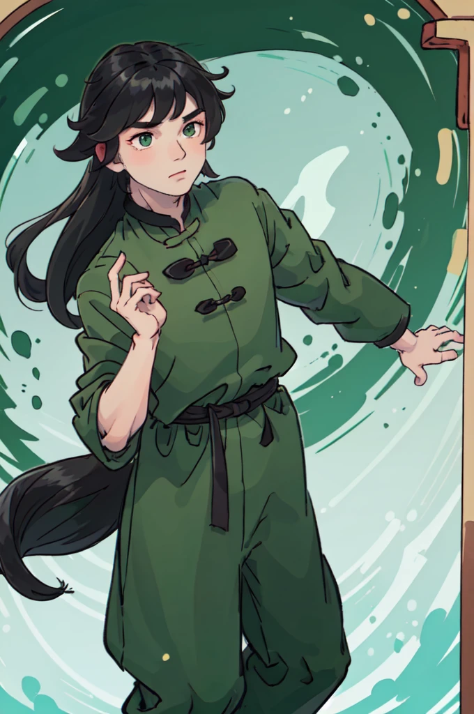 ( Best Quality, ancient china, A boy, matte green wide chino tunic), long hair , black hair, green eyes