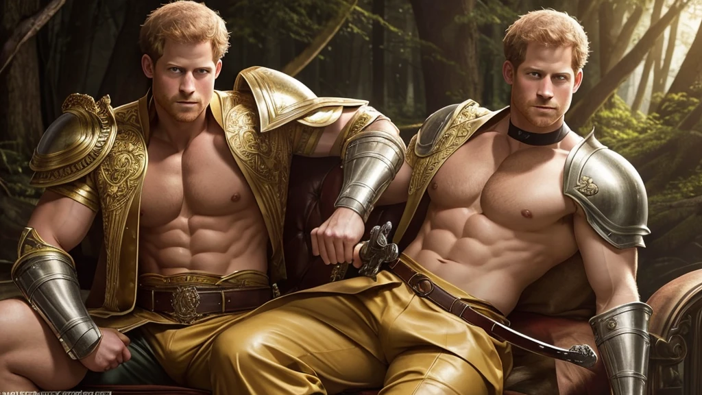 lustration in Leyendecker style : Muscular and pumped-up Prince Harry as a Beautiful Detailed Face, 4k resolution, Realistic, a perfect face, 28 years old, , light blonde hair, natural skin, Soft Impressionist, Perfect composition, a perfect face, Wearing leather armor, large bulge in the pants ,hairy chest and belly Holding a large sword in his hands, The background is a mysterious forest