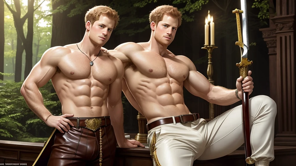 lustration in Leyendecker style : Muscular and pumped-up Prince Harry as a Beautiful Detailed Face, 4k resolution, Realistic, a perfect face, 28 years old, , light blonde hair, natural skin, Soft Impressionist, Perfect composition, a perfect face, Wearing leather armor, large bulge in the pants ,hairy chest and belly Holding a large sword in his hands, The background is a mysterious forest