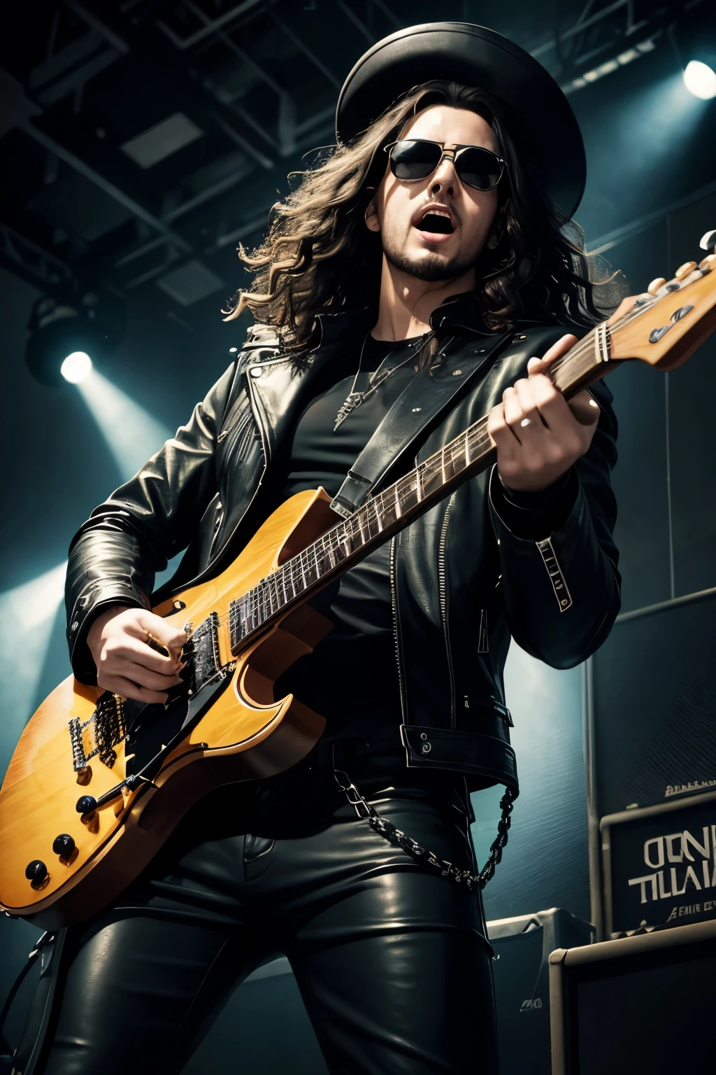 a male metal guitar player/singer shouting straight into the camera, 1 person, on stage, long curly hair, leather jacket, Black top hat, Black sunglasses, a flying V electric guitar, HDR, 8K, ultra-sharp, field of depth, hyperrealism, in motion effect, glimmer splashing from the drums, weirdly tilted angle view, grunge, dramatic lighting, high contrast, heavy metal, intense expression, sweat dripping