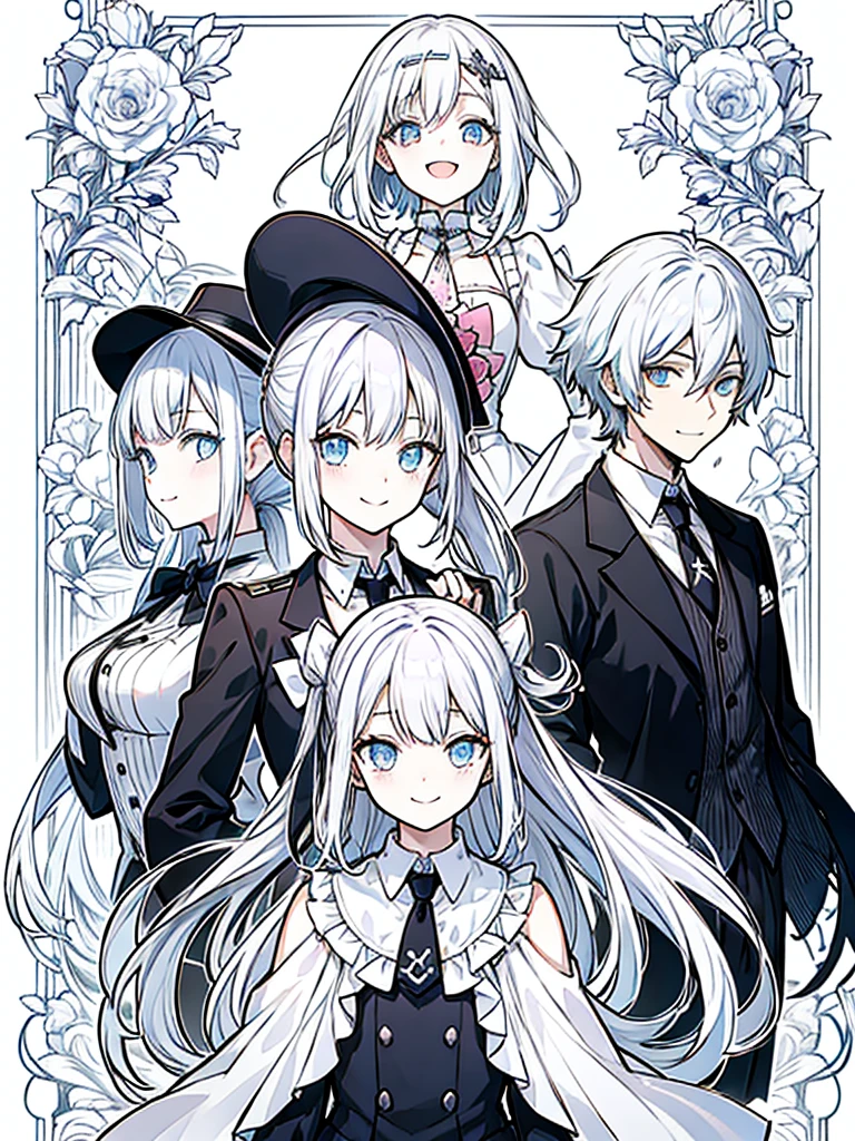 (masutepiece)(high-detail)Men and women in their 20s(white hair、poneyTail、tailcoat、neck tie、Hats、Smile)