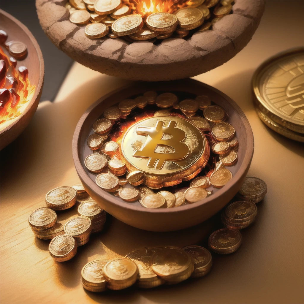 Bitcoin, masterpiece, Best quality, extremely detailed, coin bitcoin, blazing red-black fire, Golden Glow, Sun, lighting