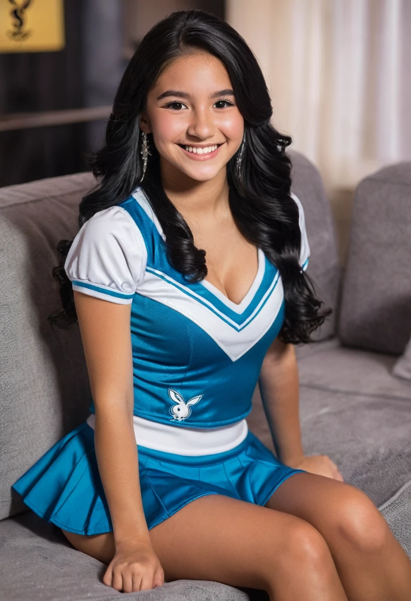 Beautiful, young mexican , long black hair, brightly smiling, wearing sexy cheerleader outfit, sitting on couch, in the style of Playboy magazine, perfect lighting, (extreme detail), (8k)