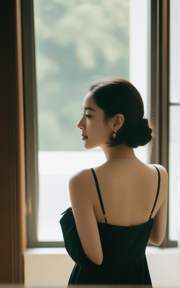 Close-up candid portrait photo of artistic young Korean woman, Retro-future, Movie stills, ((alone)), (Looks like Anne Hathaway: 0.9), Sit by the window, The sun shines on her face, Soft romantic lighting, Summer day, Leica SL3, Summicron SL75f/2. Asf, Kodak Gold 200 Film, Bare shoulders, Dynamic action poses,Wearing camisole so thin and black that underwear shows through, underwear showing through, graceful woman, noble atmosphere, celebrity, beautiful dark hair, delicate face, detailed eyes, arms up, hair touching back.