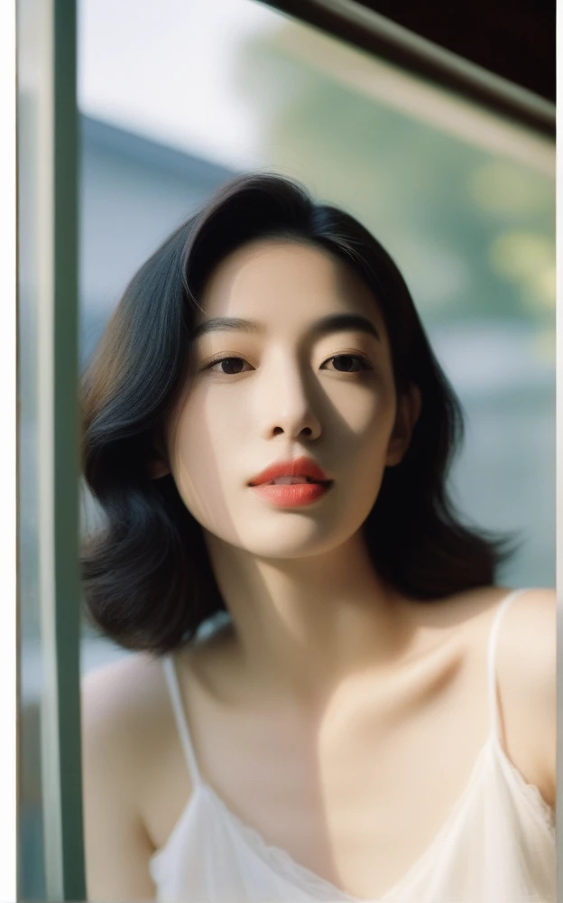 Close-up candid portrait photo of artistic young Korean woman, Retro-future, Movie stills, ((alone)), (Looks like Anne Hathaway: 0.9), Sit by the window, The sun shines on her face, Soft romantic lighting, Summer day, Leica SL3, Summicron SL75f/2. Asf, Kodak Gold 200 Film, Bare shoulders, Dynamic action poses,Wearing camisole so thin and black that underwear shows through, underwear showing through, graceful woman, noble atmosphere, celebrity, beautiful dark hair, delicate face, detailed eyes, arms up, hair touching back.