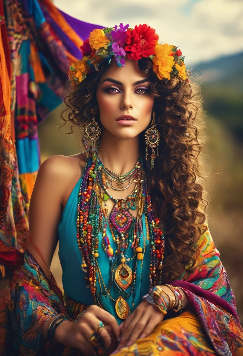 Beautiful stunning woman adorned in ornate, colorful jewelry and clothing that appears to be inspired by"gypsy" style. She has long, dark curly hair with flowers tucked into it. Her makeup emphasizes her eyes, and she's wearing large, dangling earrings and multiple necklaces with colorful beads and pendants. The woman's clothing includes vibrant fabrics with patterns. The overall aesthetic is very bohemian and romantic, evoking a free-spirited, nomadic culture. The lighting in the image is warm, giving it a rich, golden glow that enhances the romantic atmosphere.woman adorned in ornate, colorful jewelry and clothing that appears to be inspired by Romani or "gypsy" style. She has long, dark curly hair with flowers tucked into it. Her makeup emphasizes her eyes, and she's wearing large, dangling earrings and multiple necklaces with colorful beads and pendants. The woman's clothing includes vibrant fabrics with patterns. The overall aesthetic is very bohemian and romantic, evoking a free-spirited, cigana culture. The lighting in the image is warm, giving it a rich, golden glow that enhances the romantic atmosphere UHD 18K.