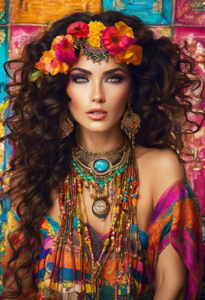 Beautiful stunning woman adorned in ornate, colorful jewelry and clothing that appears to be inspired by"gypsy" style. She has long, dark curly hair with flowers tucked into it. Her makeup emphasizes her eyes, and she's wearing large, dangling earrings and multiple necklaces with colorful beads and pendants. The woman's clothing includes vibrant fabrics with patterns. The overall aesthetic is very bohemian and romantic, evoking a free-spirited, nomadic culture. The lighting in the image is warm, giving it a rich, golden glow that enhances the romantic atmosphere.woman adorned in ornate, colorful jewelry and clothing that appears to be inspired by Romani or "gypsy" style. She has long, dark curly hair with flowers tucked into it. Her makeup emphasizes her eyes, and she's wearing large, dangling earrings and multiple necklaces with colorful beads and pendants. The woman's clothing includes vibrant fabrics with patterns. The overall aesthetic is very bohemian and romantic, evoking a free-spirited, cigana culture. The lighting in the image is warm, giving it a rich, golden glow that enhances the romantic atmosphere UHD 18K.