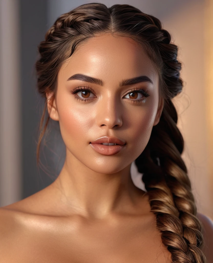 (best quality,4k,highres,masterpiece:1.2),ultra-detailed,(realistic:1.37),(beautiful:1.1) brown-eyed woman with long braid hair and a medium stature,The woman's beautiful face is detailed, with captivating eyes that shine with brown color. Her lips are full and luscious, adding to her sensual appeal. She exudes confidence and elegance as she poses, showcasing her entire body. The lighting in the room highlights her beautiful brown skin, giving it a warm and radiant glow. The overall scene has vivid colors and sharp focus, creating a realistic and photorealistic image.nude,  visible 