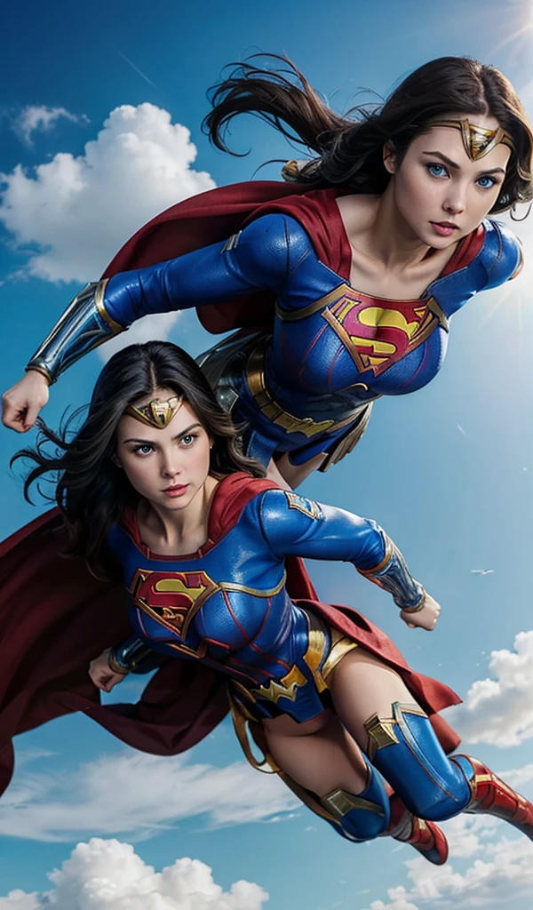 The character Wonder Woman and the character Supergirl flying togheter in the sky, perfect anatomy, beautiful blue eyes 