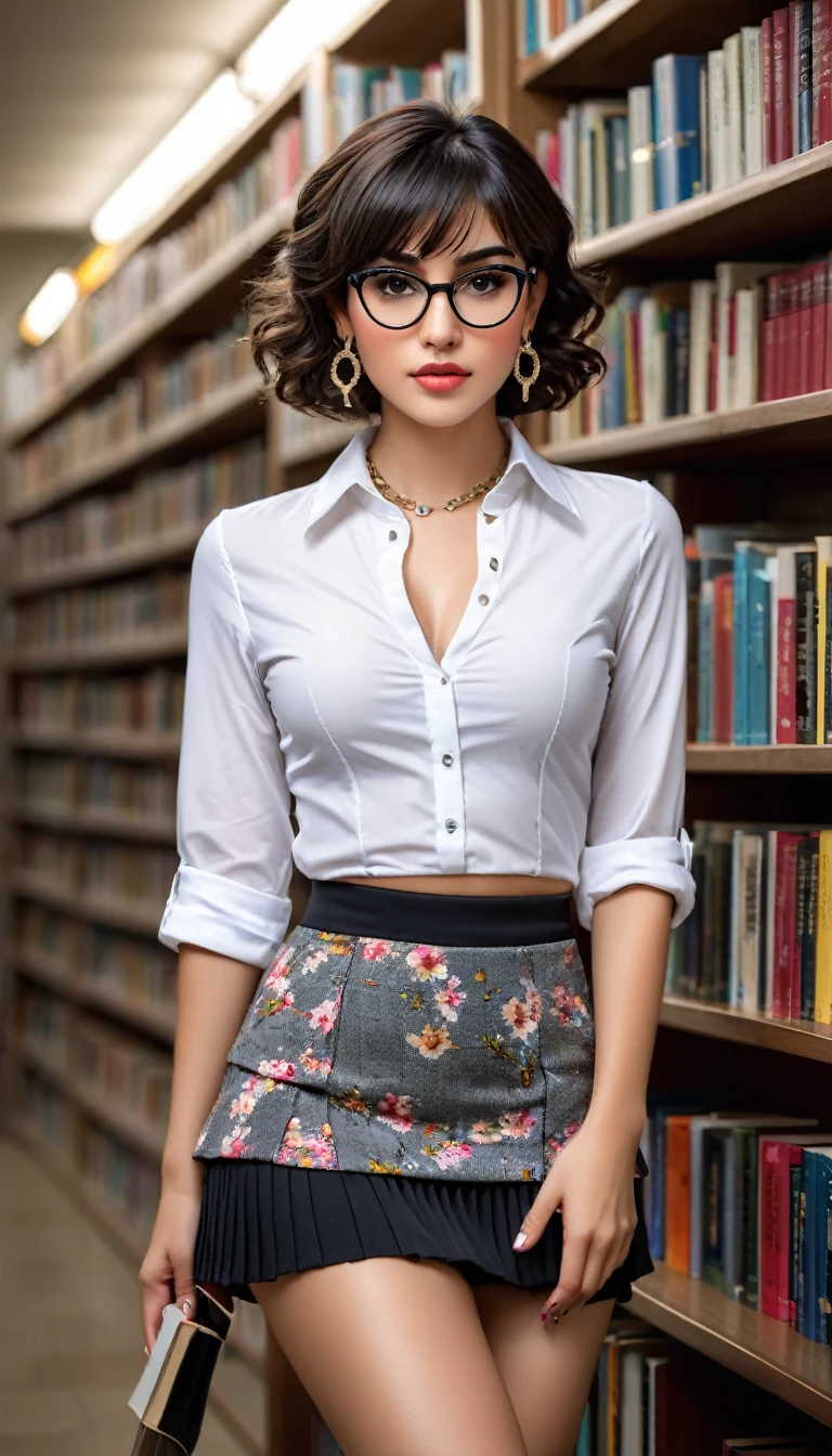 (((beautiful beautiful Isabela Merced, posing for uploadss, looking sexy, ruffled lips, Cabelo curto e curly, extremely pretty eyes))), ((wearing floral silver necklace)), realistic uploadsgraph, highy detailed, Foco do pointed, (Main lighting), (indoor bookstore environment), artwork, extremely pretty, Perfect beauty, (perfect shape body, Broad Hips, small waist, thick-thighs, firm abs, Body cute, knees, knees, focus on the knees, breasts small), cabelo curto com franja, short hair with bangs covering the forehead, cabelo curto com franja ((((short hair with bangs covering the forehead)))), ((30 years old)), (extremely detaild 8k wallpaper), ((face detailed)), (((wearing  white shirt, saia curta de tweed, knees, knees, stitched nylons, Strad sandals)), (long dark eyelashes), (((earrings))), ((())), (((seen from behind))), (looking at the camera), ((())), (glamor model), (seductive facial expression) (((standing between high shelves full of books))), extremely detaild, artwork, Intricate details, highy detailed, Foco do pointed, skin detailed, realistic skin texture, texture, detailedeyes, high resolution, kodak vision color, uploads_\(ultra\), Post-processing, maximum detail, roughness, real-life, ultra realistic, uploadsrealism, uploadsgraphy, absurderes, RAW uploads, highest quallity, high detail RAW color uploads, professional uploads, extremely detaild UHD 8k wallpaper unit, best quality, high resolution, (artwork, maximum quality, high resolution:1.4), uploads, cinematic, film grain, pointed, soft natural light, magic uploadsgraphy, super verbose, ((whole body: legs 1.3)), librarian glasses, nerd glasses, ((pleated miniskirt: miniskirt 1.3)), unbuttoned blouse with cleavage, bellybutton, navel, cleavage